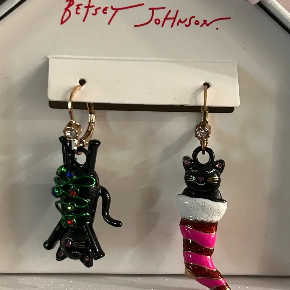 Betsey Johnson Festive Black and Pink Cat Earrings